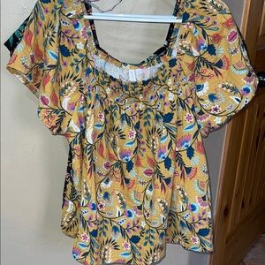 Joyspun gauze top mustard yellow with flowers XL